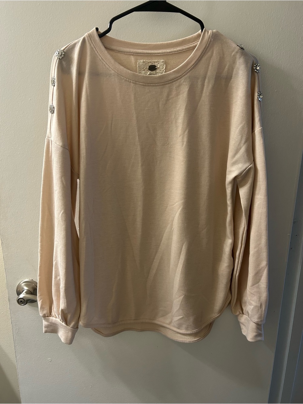 Cupio Jeweled Shoulder Crewneck Sweater in Light Beige